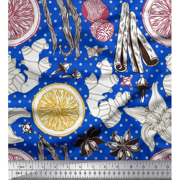 Soimoi Blue Japan Crepe Satin Fabric Spices,Ginger & Lemon Slice Vegetable Print Fabric by Yard 42 Inch Wide