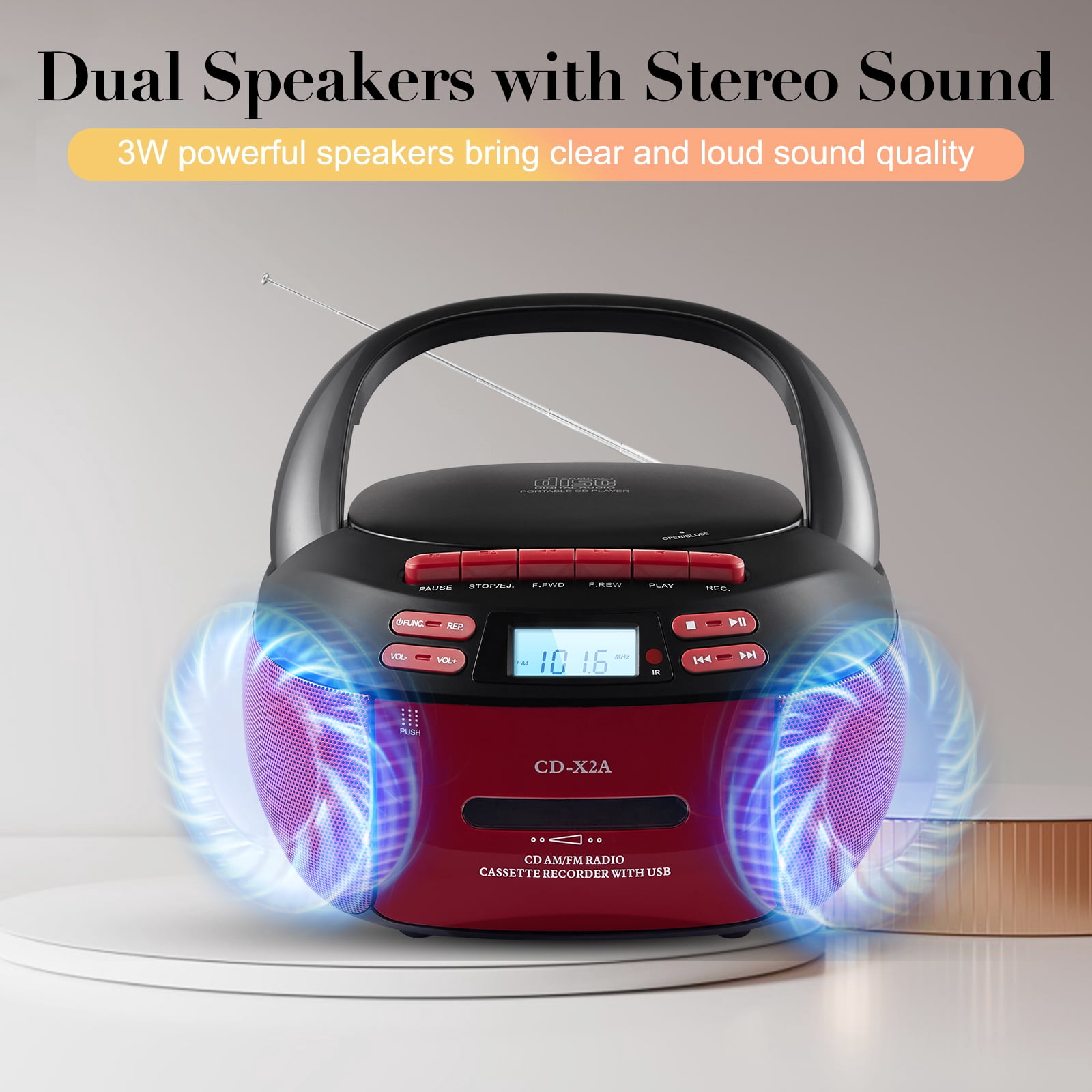 Boombox Cassette CD Player Combo with Bluetooth, Remote, AM/FM Radio, Tape Recording, Black