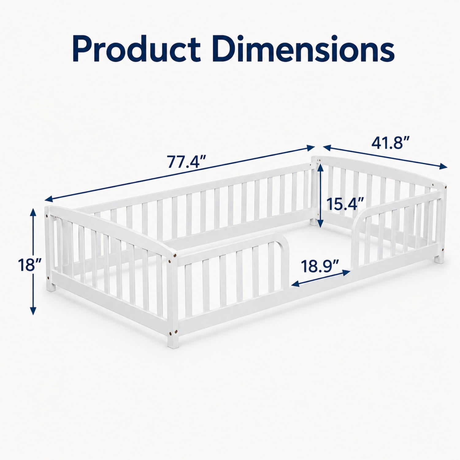 Miniyam Twin Kids Floor Bed with Guardrails, Pine Wood Montessori Bed Frame with Rounded Opening, White