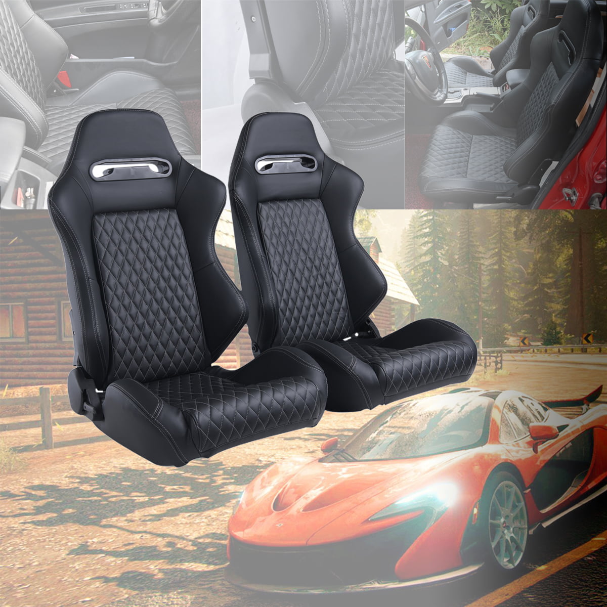 Universal Fit for Most Vehicles OKLEAD 2pcs Set Sports Style Racing Seats PVC Leather Reclinable Bucket Seat with Slider 