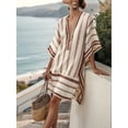 thumbnail image 4 of Women Beach Boho Color Block Swing Flowy Mini Dress Half Sleeve V Neck Side Slit Short Dress Brown S, 4 of 5