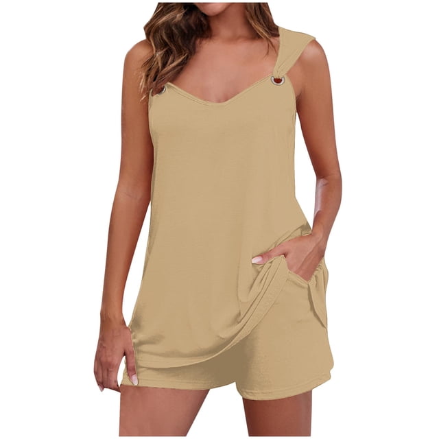 Yuyuzo Womens Lounge Sets Two Piece Square Neck Tank Tops Wide Leg Shorts with Pockets Matching Outfits