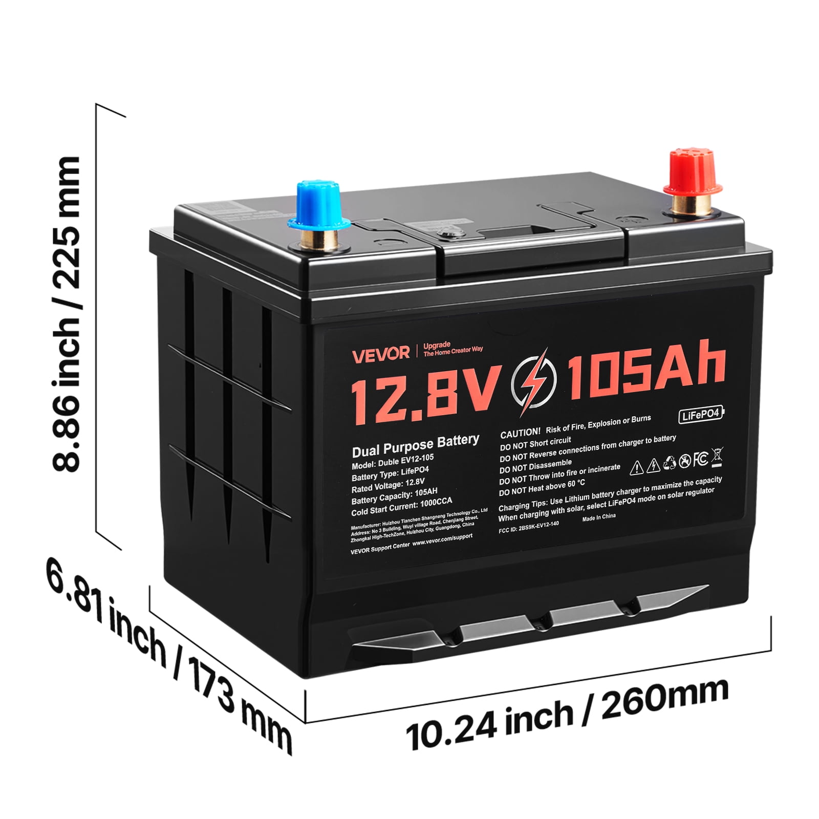 VEVOR 12V 105Ah Dual Purpose LiFePO4 Lithium Battery, 1000 CCA Group 24, Lithium-ion Starter Battery Plus Deep Cycle, Built-in Smart BMS, Car Start-Stop, for Automotive, Trolling Motor, Marine, RV