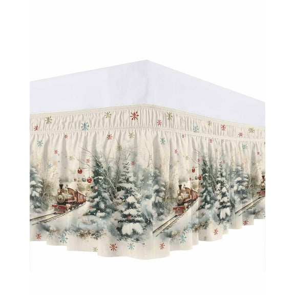 Christmas Bed Skirt California King Size 16 Inch Drop, Train Holly Woods Scene Lights Snowflakes Colorful Wrap Around Dust Ruffle Bedskirts, Easy Fit Bedskirt with Adjustable Elastic