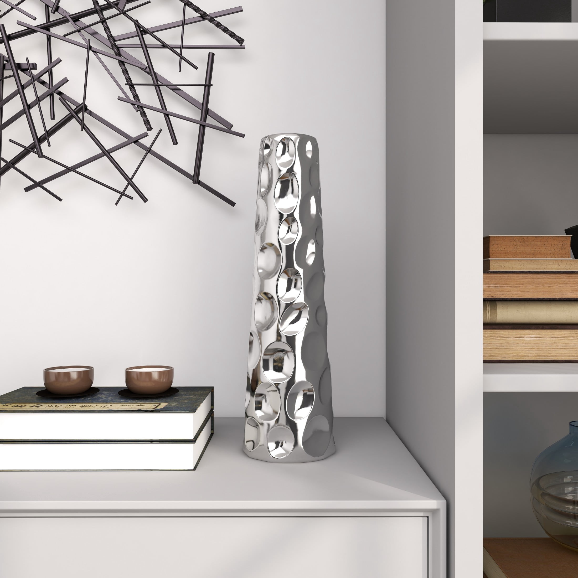 DecMode 20" Cone Silver Ceramic Vase with Concaved Bubble Texture