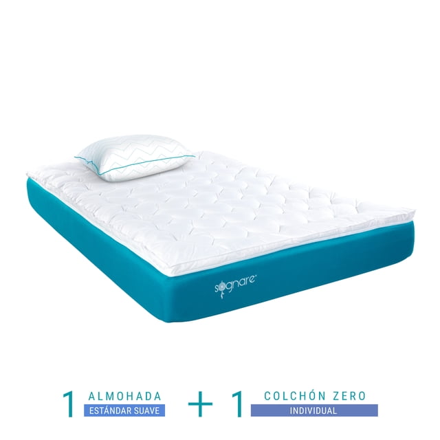 colchón sognare zero individual memory foam + almohada sognare estándar suave 3/4 frontal del conjunto, colchón individual blanco con faldón turquesa y logo Sognare en el costado, superficie acolchada con costuras zigzag; según ficha: 3 capas de memory foam, capa microfusión y base de alta densidad, medidas 100x190 cm y alto 24 cm; almohada estándar 51x66 cm relleno suave; opción habitual para recámaras de invitados o espacios pequeños.