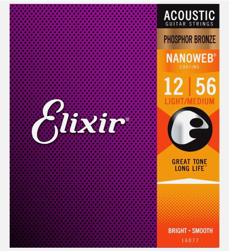 6 Sets! Elixir NANOWEB Phosphor Bronze Acoustic — 16077 Light/Medium .012-.056