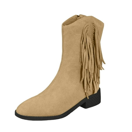 OJSFQUFP Non Slip Shoes for Women Women s Tassel Fashionable Versatile Heel Ankle Boots Comfortable Work Shoes for Women Rain Boots Women Khaki 39