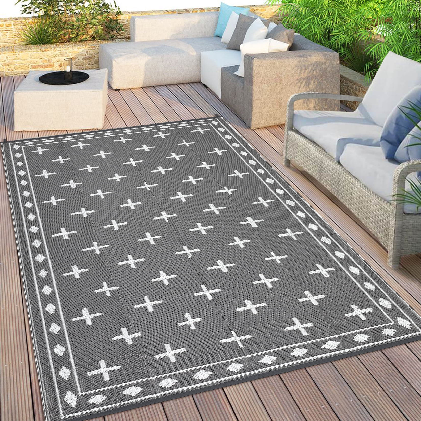 Garvee 10'x14' Waterproof Outdoor Rug Modern Bordered Reversible Outdoor Carpet, Plastic Straw Rug Portable RV Picnic Camping Mat for Garden Backyard Deck Balcony, Gray