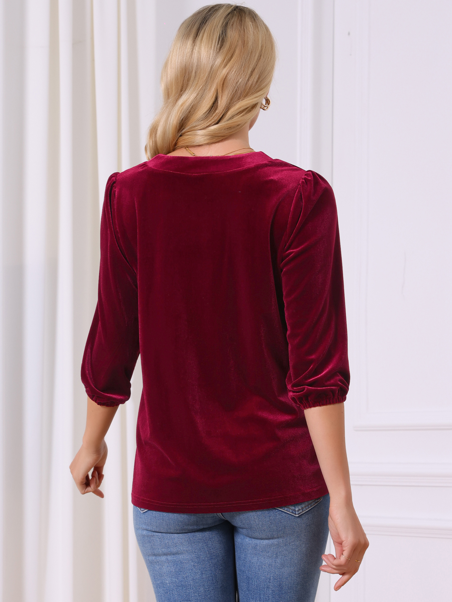 DARING DIVA Women's Velvet V Neck 3/4 Puff Sleeve Casual Blouse XL Wine Red