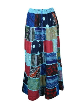 Mogul Women Patchwork Long Skirt Colorful Rayon Printed Vintage Skirts S/M
