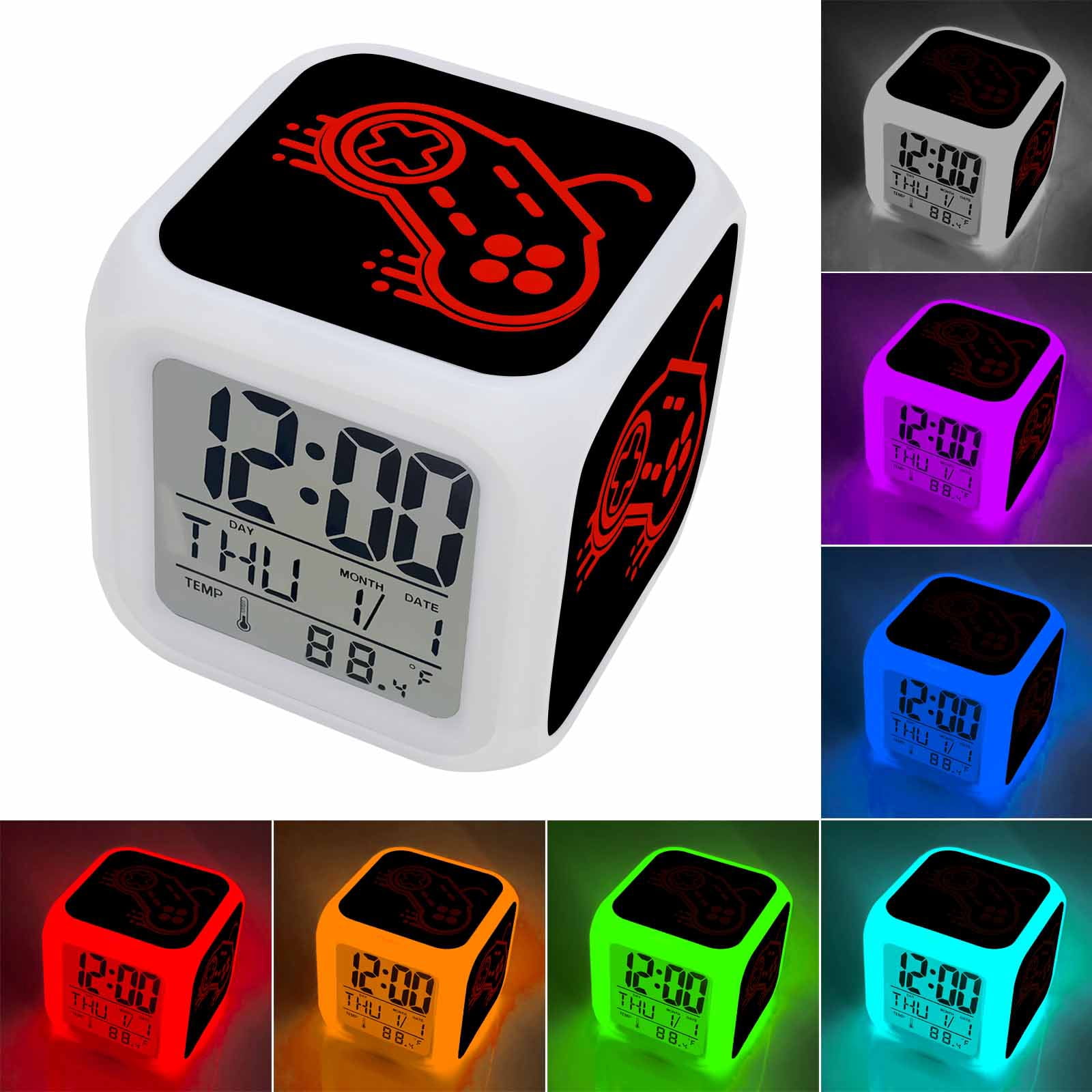 Alarm Clocks Video Games Controller Digital Clock 7 Color LED Night Light Silent Non-Ticking Battery Operated Black Red Gaming Console Cube Clocks for Bedroom Bedside Living Room Office School