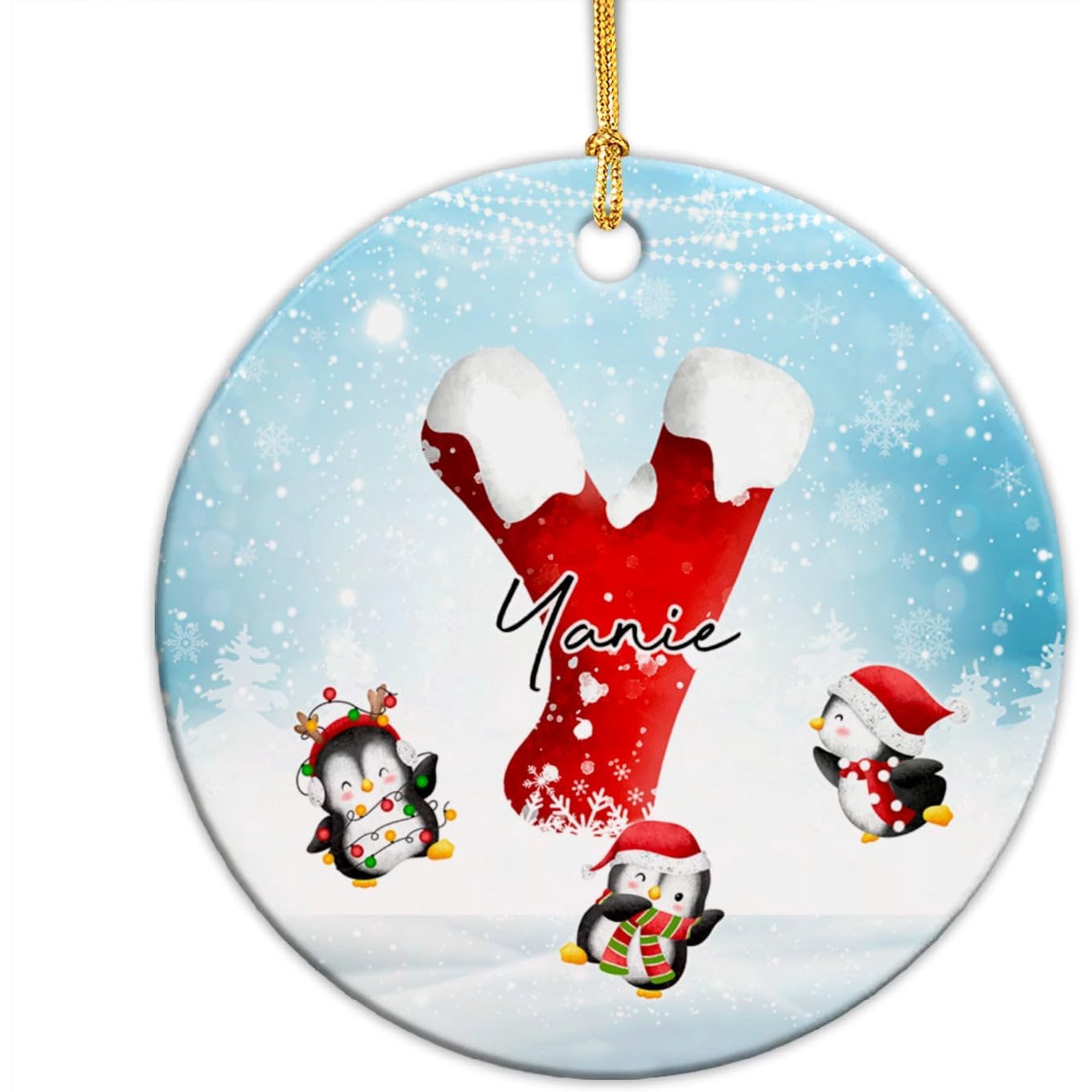 Initial Name Letter Y 1st Xmas Ornament 2025, Alphabet Y First Christmas Ceramic Ornament, Personalized Penguin Baby Christmas Ornament for Newborn, Custom Monogram Y Babys First Xmas Ornament Ud8He3