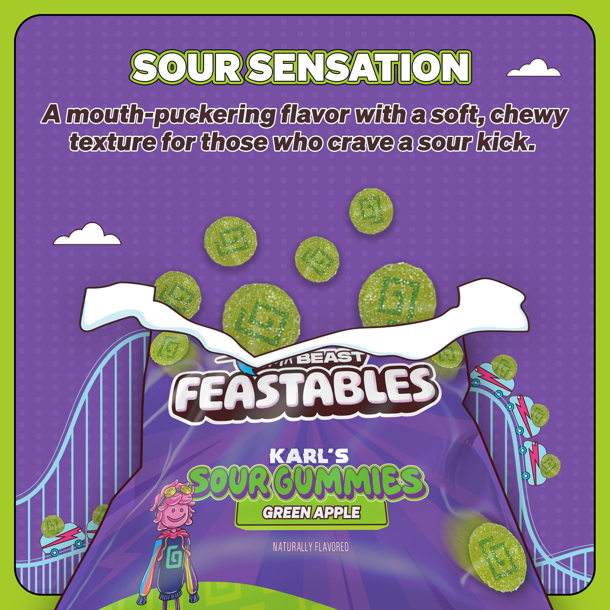 (2 pack) Feastables Karl Sour Green Apple Gummy Candy, Gluten Free, 3.52 oz (100 g)