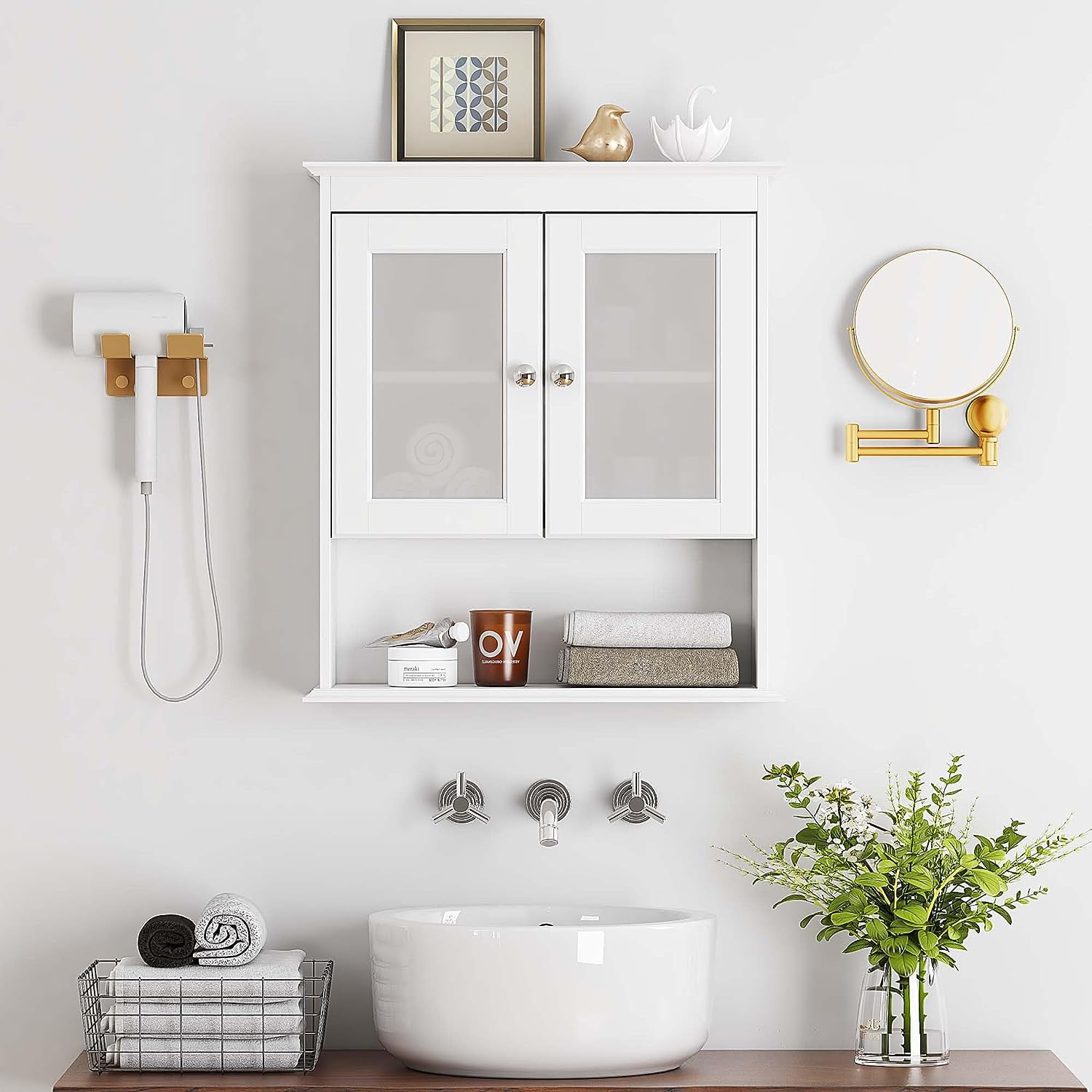 Spirich Elegant Bath Storage Organizer Wall Mounted Cabinet with Transparent Glass Doors, Adjustable Shelves, White