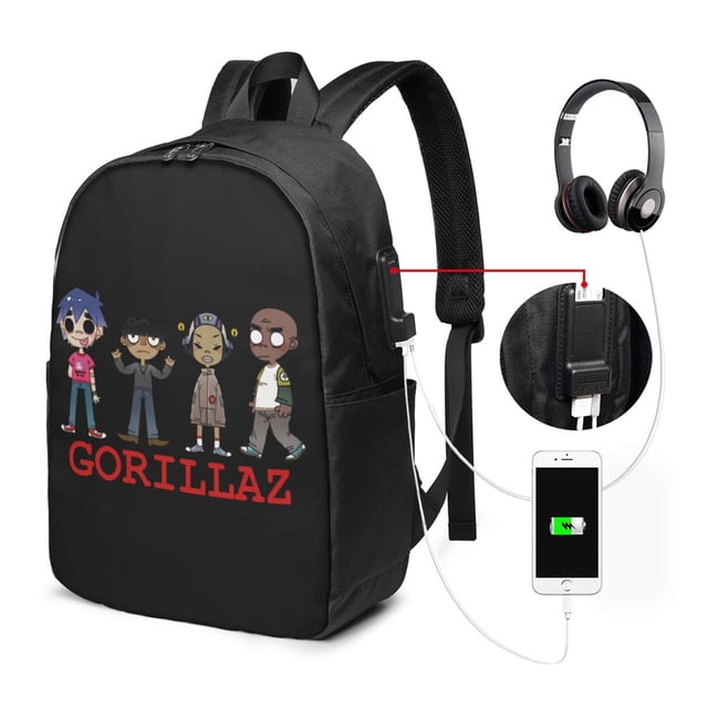 mochila de viaje gorillaz para portátil, resistente al agua, con puerto de carga usb, ideal para la universidad y la escuela, para hombre y mujer — mochila negra frontal con estampado de cuatro personajes Gorillaz y texto GORILLAZ, vista frontal centrada; cremalleras dobles superiores, puerto de carga USB lateral con cable integrado mostrado hacia un teléfono y auriculares, correas y panel trasero acolchados de malla transpirable y asas superiores reforzadas. Uso habitual: universidad, escuela y viajes; adecuada para cargar dispositivos con tu batería externa mientras te desplazas.