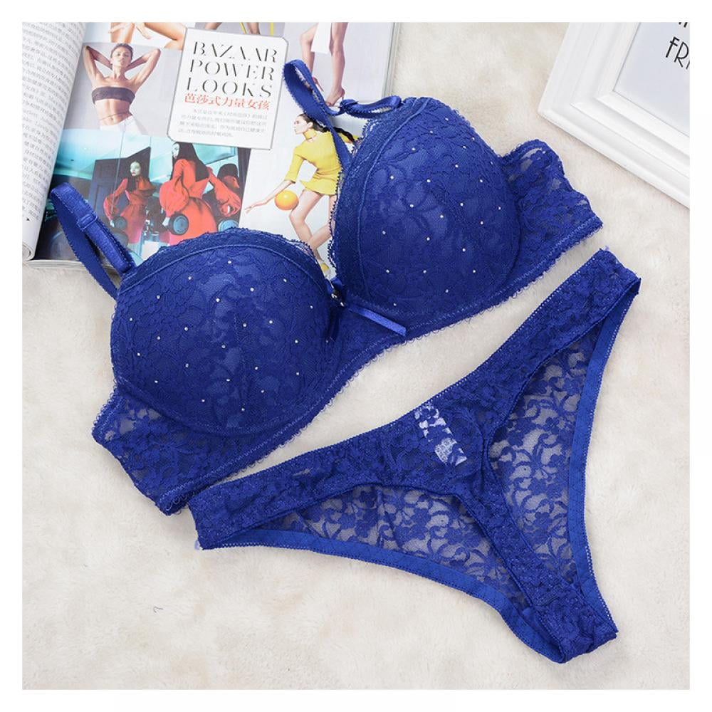 Wuffmeow Sexy Women Lace Drill Bra Set Push Up Underwear Set Bra And Thong  Set,Blue,34C