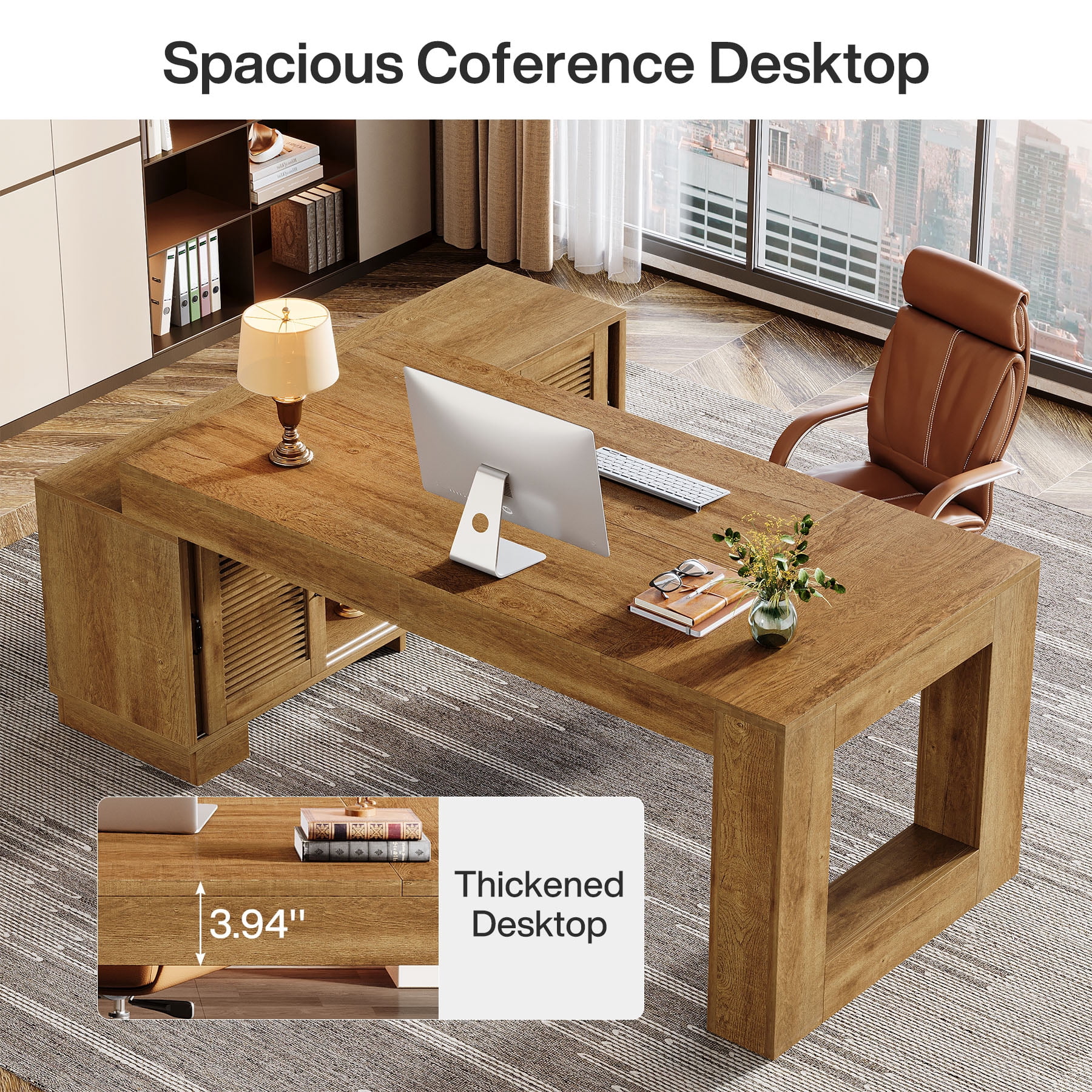 Tribesigns 63" L-Shaped Computer Desk with Storage Cabinets and 2-Tier Shelf, Mid-Century Modern Large Executive Table Workstation for Home Office, Brown
