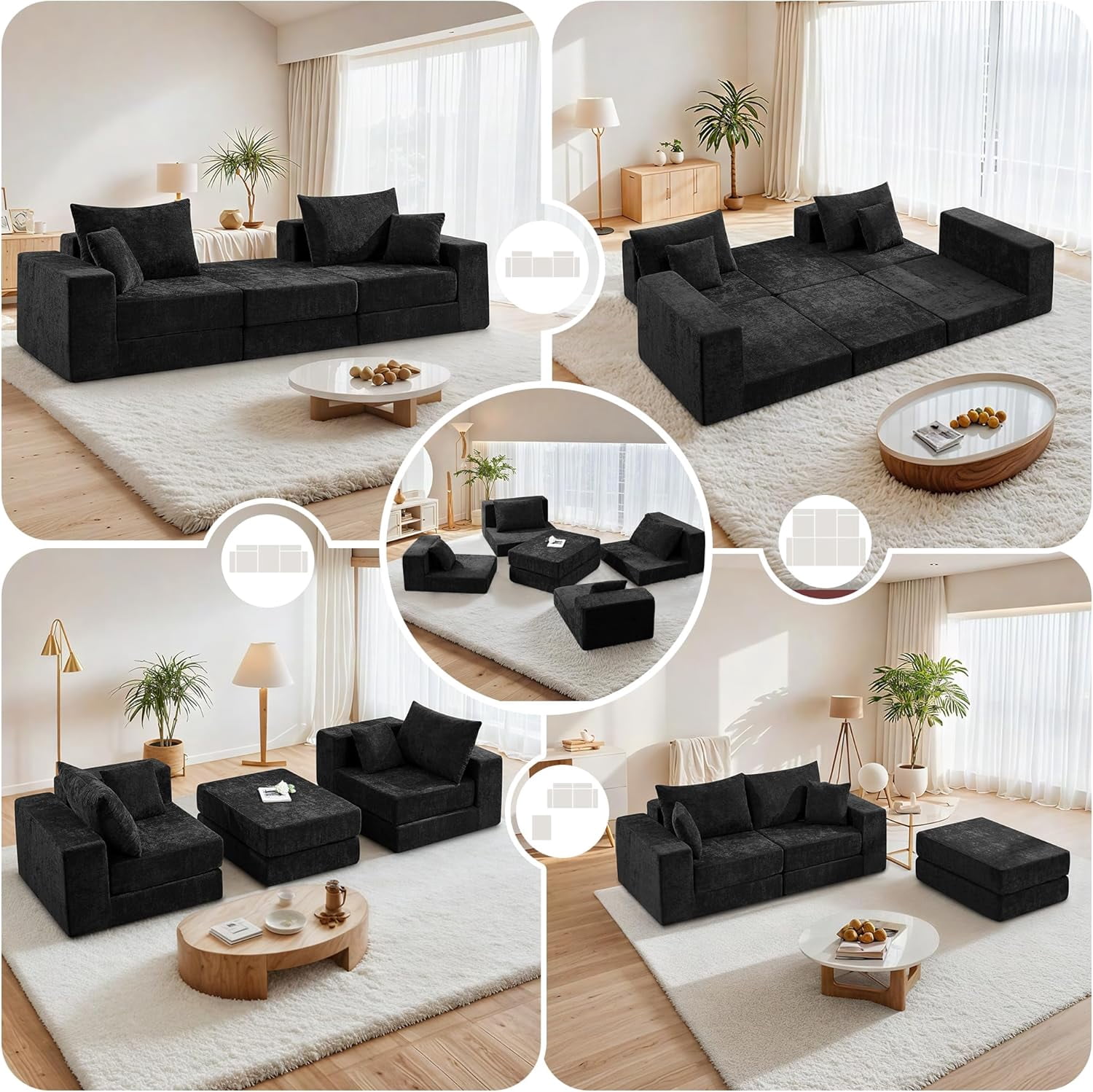 79" Boneless Cloud Loveseat Sofa with Ottoman, Modular Chenille Convertible Floor Couch Bed, No Assembly, Black