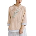 thumbnail image 2 of thefmos Women's Mandarin Collar Embroidered Blouse 3/4 Sleeve Solid Color Casual Top Trendy Spring Fall Outfit, Pink 3XL, 2 of 6