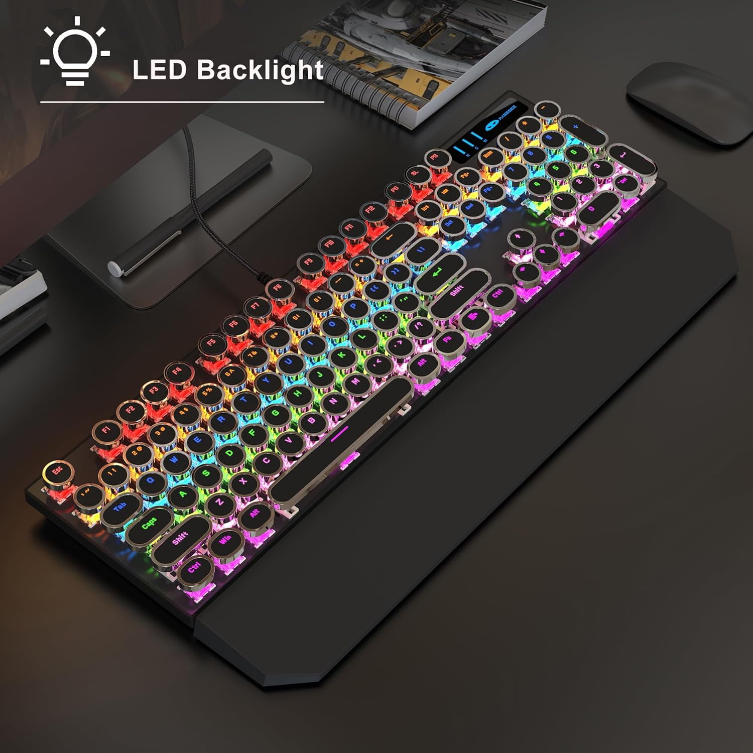 Typewriter Mechanical Gaming Keyboard and Mouse Combo, Retro Punk Round Keycaps Rgb Rainbow Backlit Wired Keyboard for Game and Office