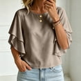 thumbnail image 4 of thefmos Women Summer Fall Round Neck 3/4 Sleeve Ruffle Flowy Tops Boho Casual Pullover Blouses Solid Dressy Vacation Clothes, Brown L, 4 of 5