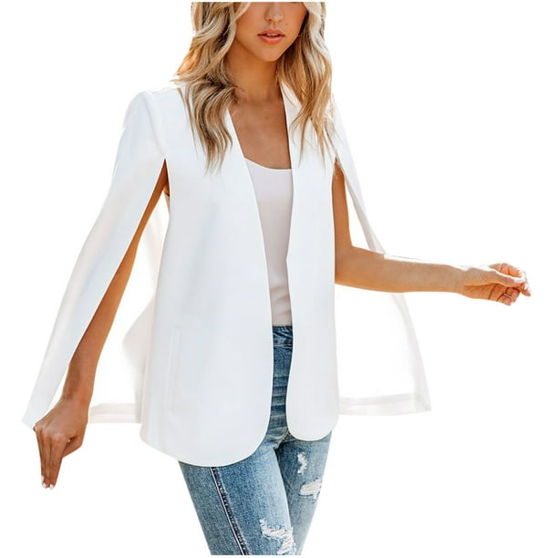 PEZHADA Fall Savings Womens Cape Blazer Solid Color Split Sleeve Open Front  Casual Jacket Coat Workwear White 