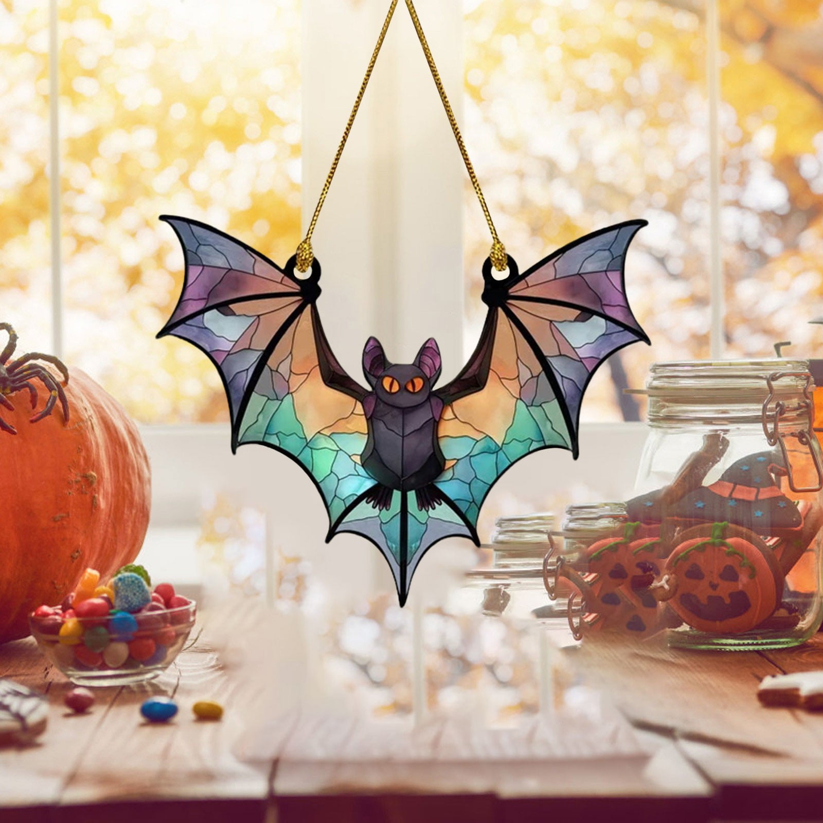 Décoration Halloween Chauve-souris En Acrylique Coloré - Attrape-soleil Fenêtre Suspendu 20x8,5 Cm - Pour Vitrail, Mur, Fête - 3