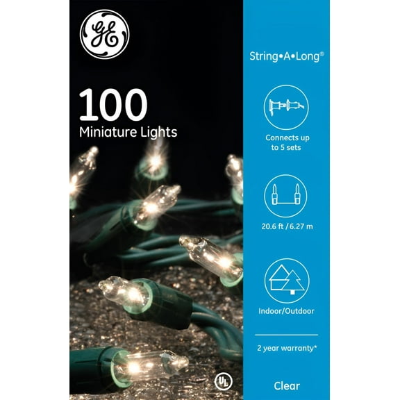 GE GE60216 String-A-Long® Christmas Mini 100-Light Set with Green Wire, Clear