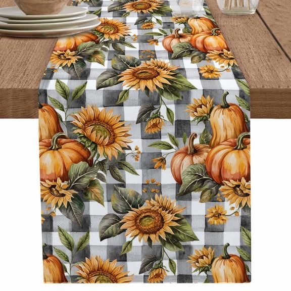 nqOlkjepod Sunflower Pumpkins Table Runner 90 Inches Long Farmhouse Dress Scarves, Fall Botanical Leaves Black Check Dining Tablerunner for Coffee Table/Kitchen Island/Party Décor, 13" x 90"