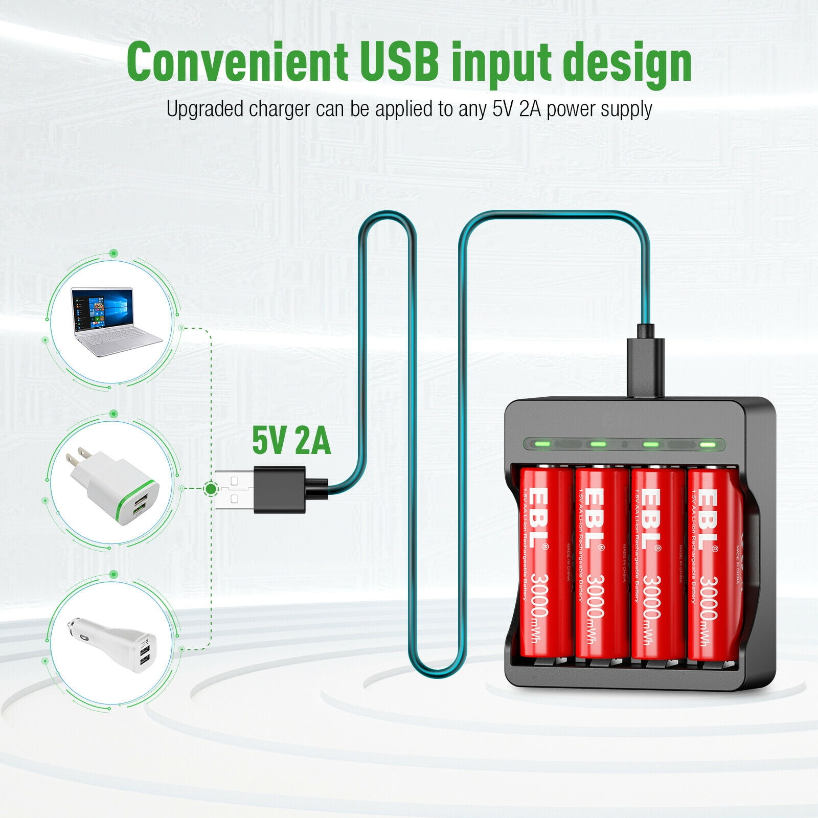 EBL 4-Pack AA 1.5V Rechargeable Lithium Batteries with 4-Slot USB Smart Battery Charger for AA AAA Rechargeable Li-Ion Battery