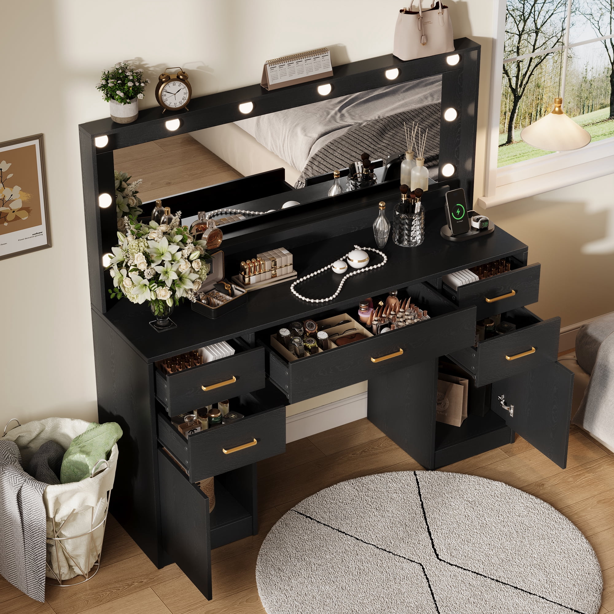 UGTOO 44.8" Black LED Vanity Desk with Hollywood Lights & Charging Station, Modern Makeup Table with 5 Drawers, 2 Cabinets & 3 Lighting Modes, Large Dressing Table for Women