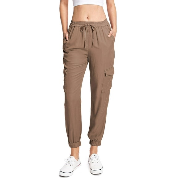 Love Tree Women's Juniors High Rise Tencel Joggers (Cargo Cocoa, Medium)