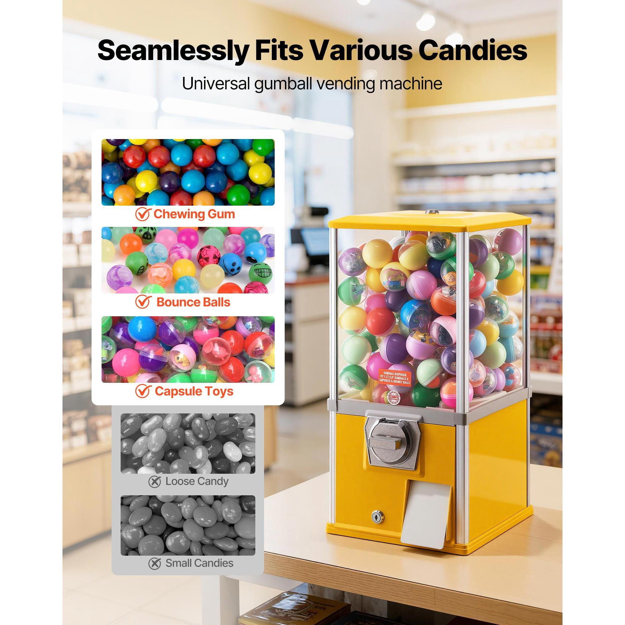 Gumball Machine, 21 inch Height Candy Vending Machine Dispenser, 25-Cent Vending Machines for Shopping Malls, Supermarkets, Amusement Parks, Arcades, Holds Up to 180 1.77 inch Spherical Candies