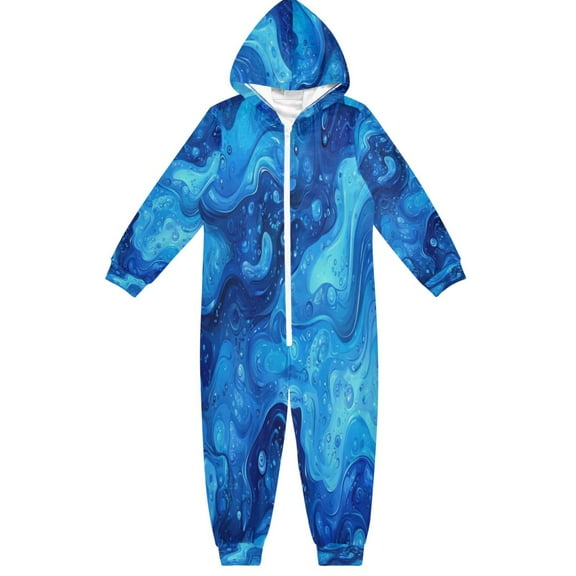 Soft Big Kids Onesie Pajamas Cozy Loose-Fit Jumpsuits for kids with Pockets for Christmas Lounge & Play Blue Water Texture