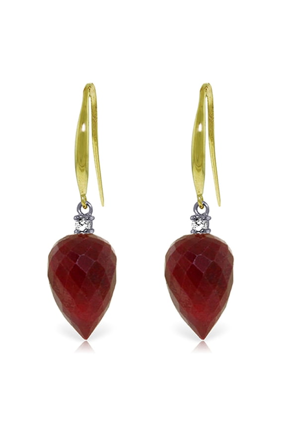 14k Yellow Gold Fish Hook Earrings Diamonds Pointy Briolette Rubies