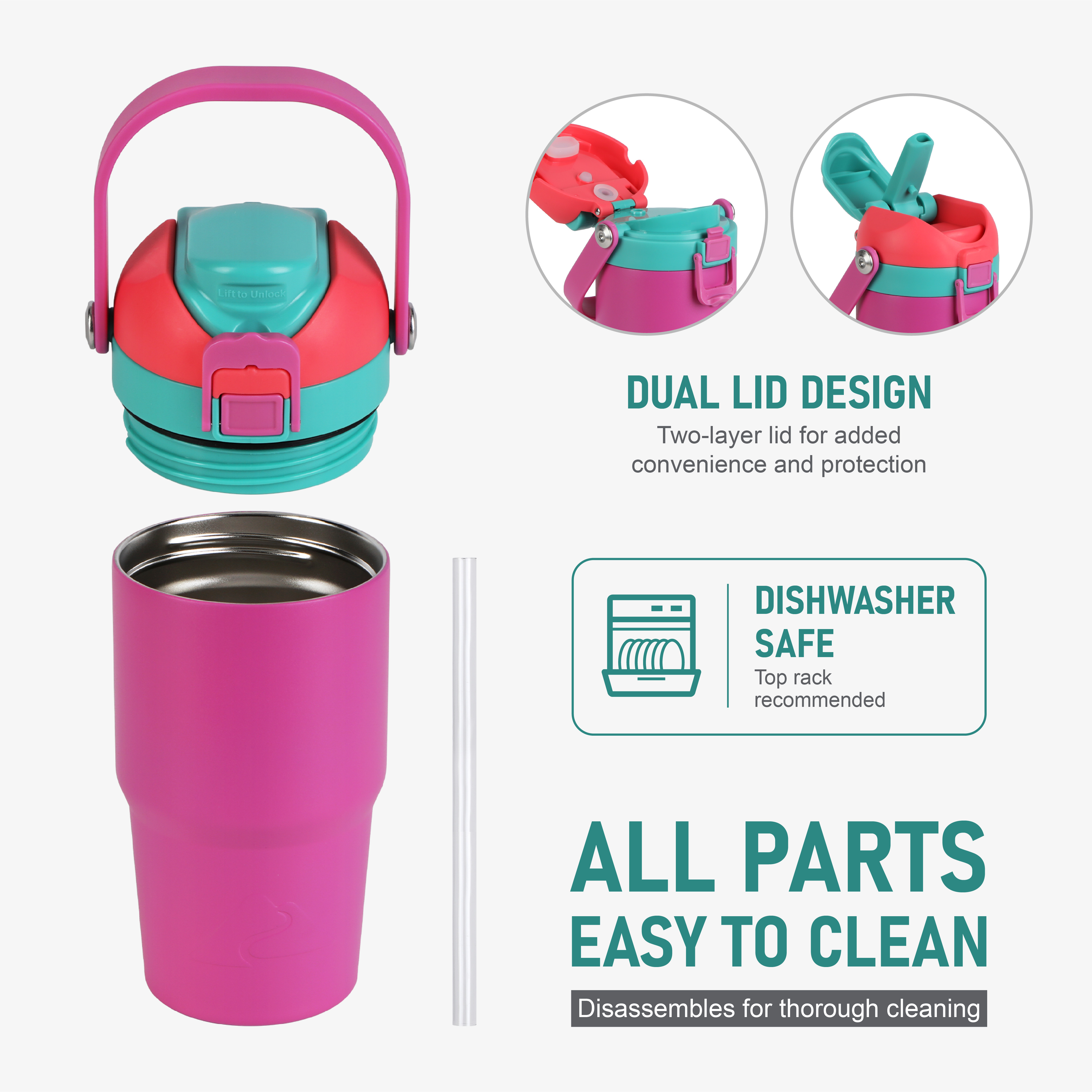 Vaso de acero inoxidable de doble pared al vacío de 18 oz con tapa dual para sorber y verter, rosa 5