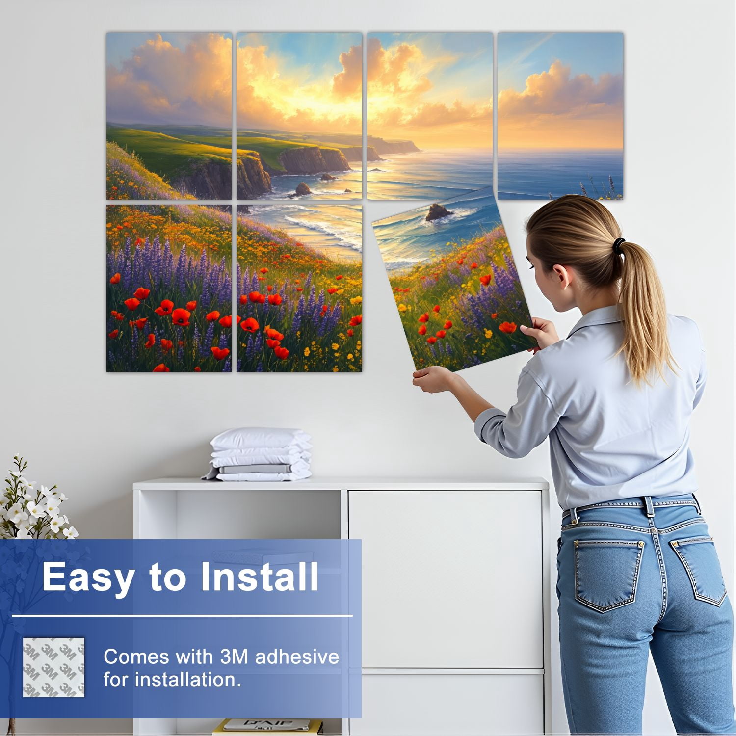 8 Pack Art Acoustic Panels Sound Absorbing Wildflower Coastal Sunset boho Decorative Soundproof Wall Panels Self Adhesive for Nursery Game Room Bedroom 48"x32"