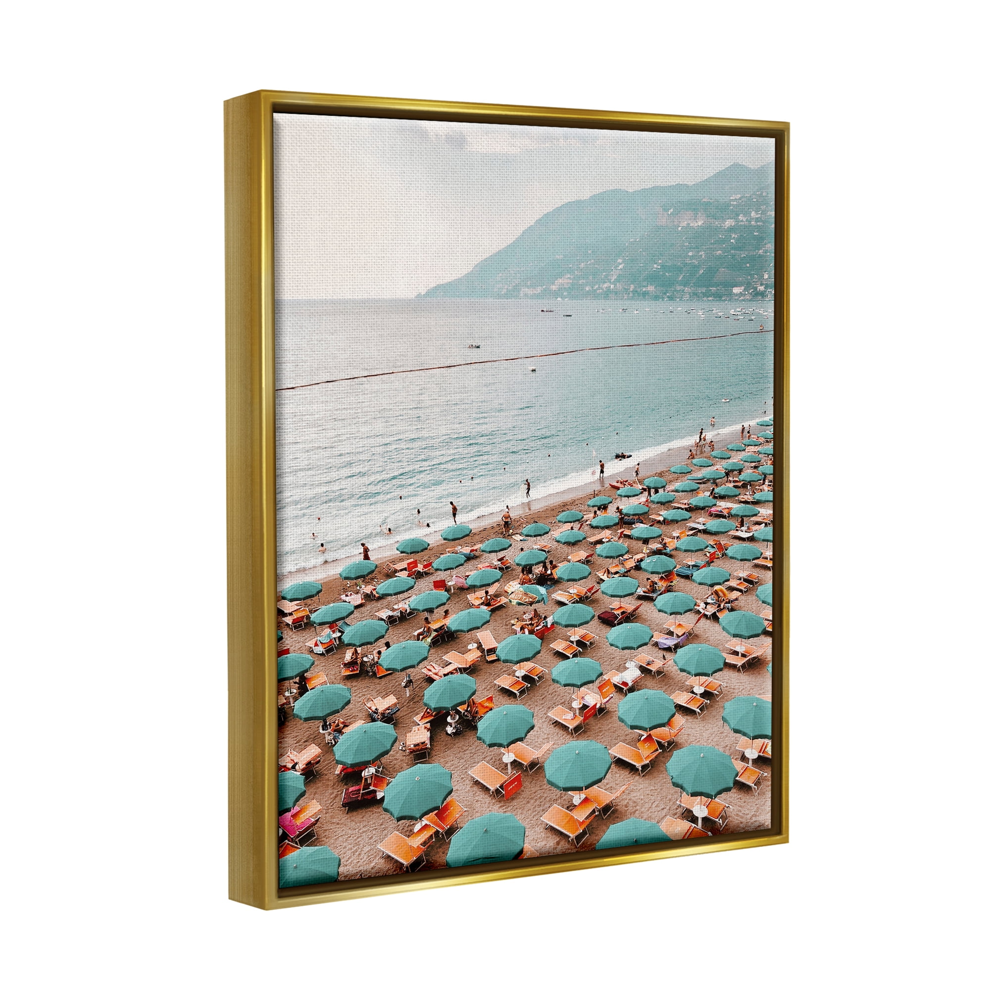 Stupell Beach Umbrellas Coastal Vacation Landscape Photography Gold Floater Framed Art Print Wall Art