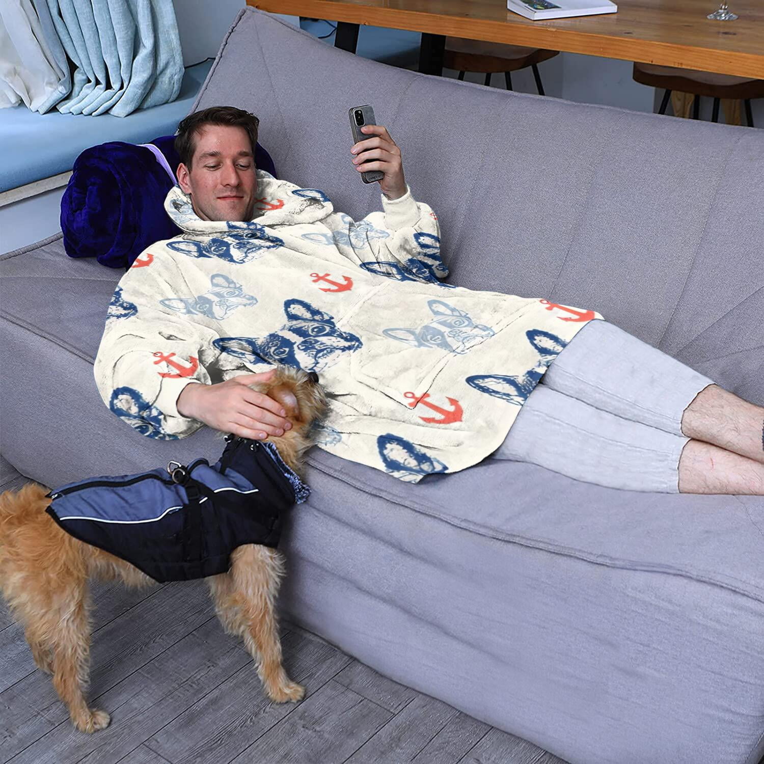 Anchor and Bulldog Dog Wearable Oversized Blanket,Wearable Blanket Hoodie for Adults,Cozy Hooded Blankets with Super Pockets,Super Warm Fuzzy Pullover for Women & Men