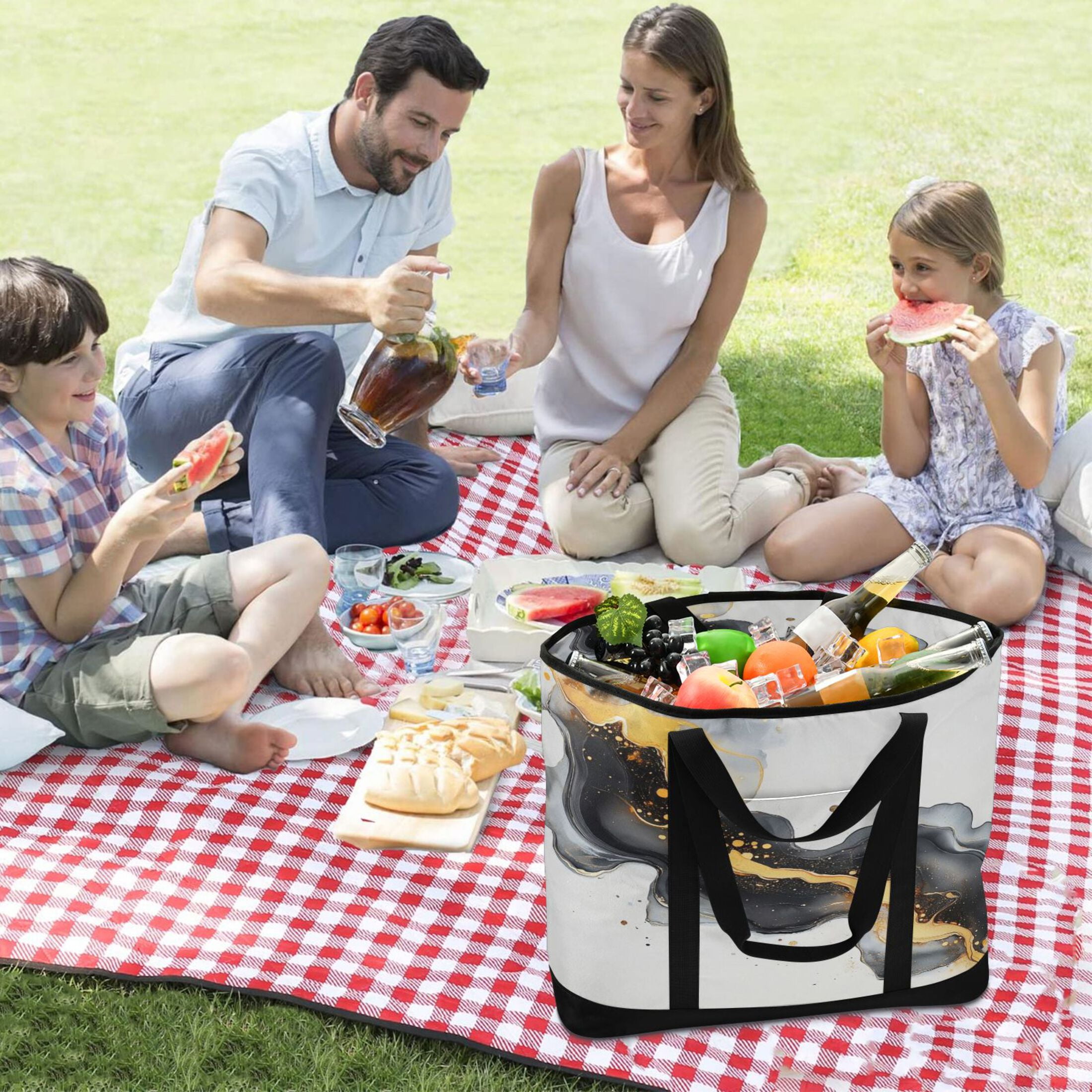 Large Hand-held Ice Pack Picnic Bag Insulation and Refrigeration Suitable for Shopping Picnics and Camping Beautiful Marble Pattern