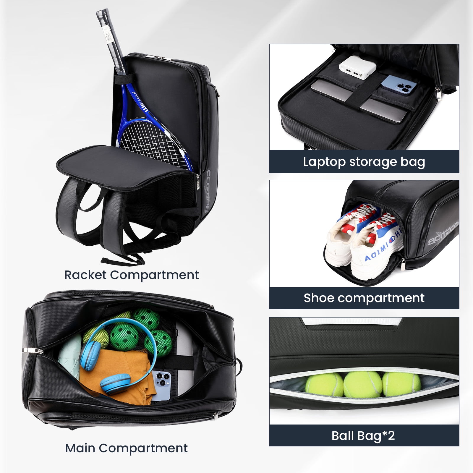 CCGTIOR Tennis Bags Convertible Padel Backpack - Duffle Bag For Paddles & Pickleball Accessories - Laptop Sleeve, Ball Sleeve, Fence Hook, Easy Access,Shoe Compartment (Black)