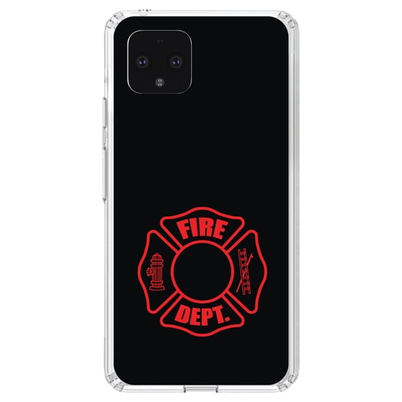 DistinctInk Clear Shockproof Hybrid Case for Google Pixel 4 XL (6.3" Screen) - TPU Bumper, Acrylic Back, Tempered Glass Screen Protector - Red Fire Department Maltese Cross - First Responders