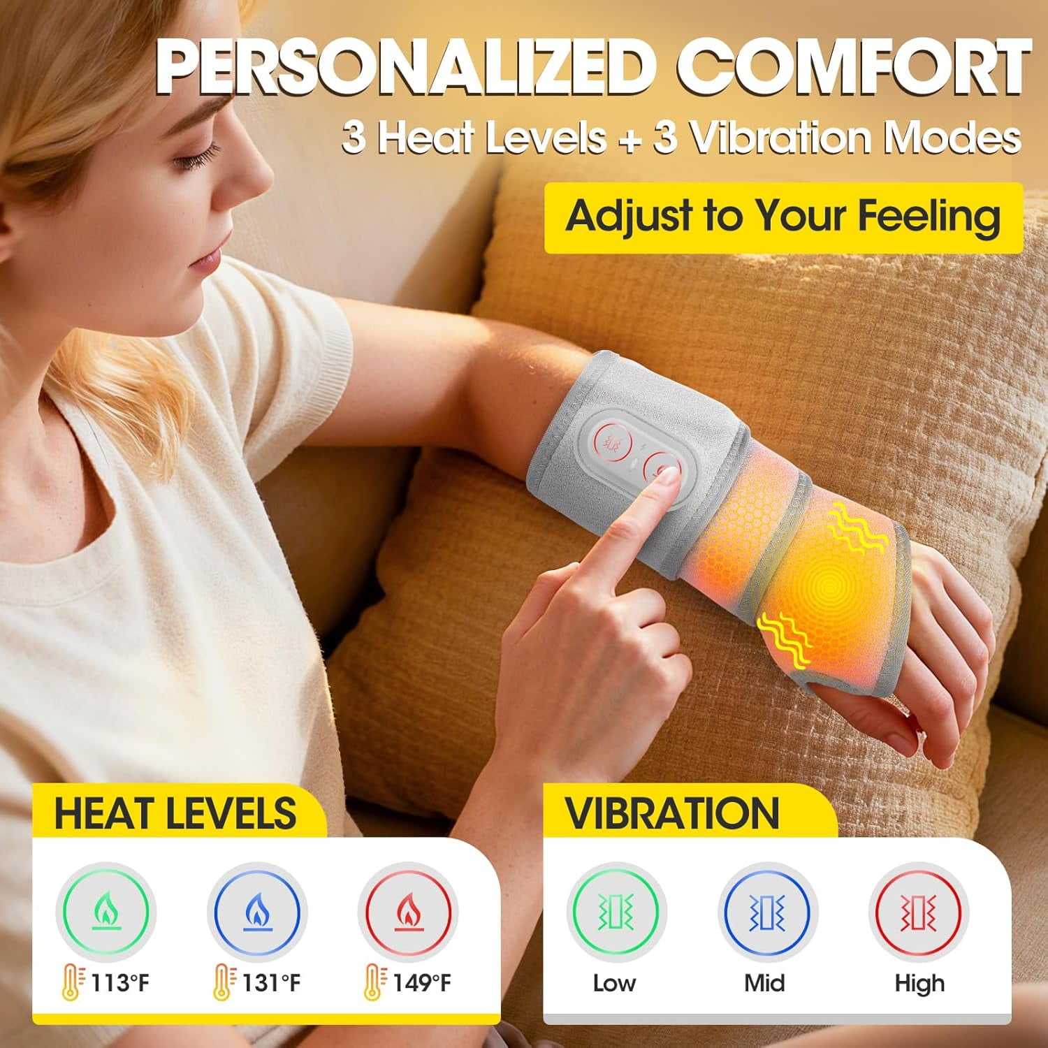 Cordless Wrist Heating Pad for Relief, Heated Wrist Brace for Carpal Tunnel, 3000mAh Heated Wrist Massager Wrap, Hand Massager with Heat and Compression for Woman Man