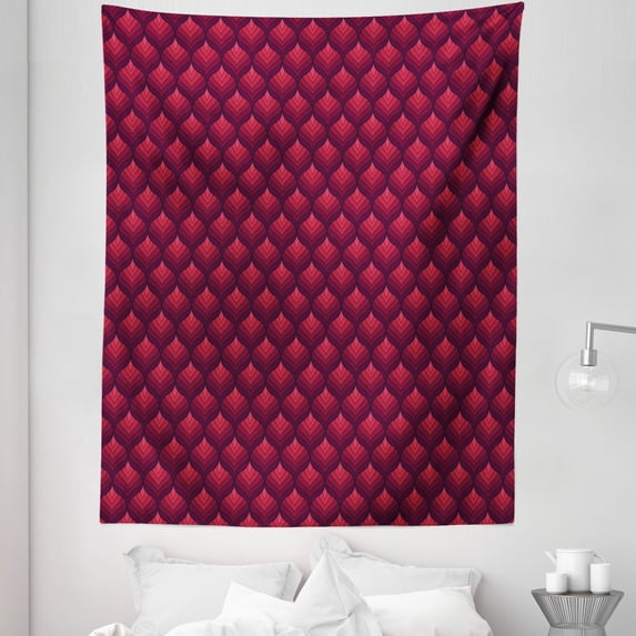 Art Deco Tapestry, Repetitive Pattern of Nested Retro Leafage Warm Colored Symmetric, Fabric Wall Hanging Decor for Bedroom Living Room Dorm, 5 Sizes, Plum Coral and Raspberry, by Ambesonne