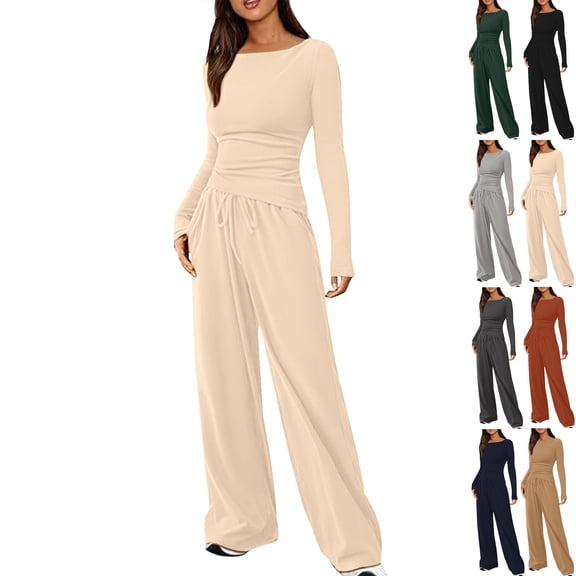 Vibrex Women's 2 Piece Matching Lounge Set Long Sleeve Slim and Elastic Top Wide Leg Pants Casual Sweatsuit Fall Outfits Long Sleeve Wide Leg Drawstring Tracksuits Casual Lounge Set Matching Sets