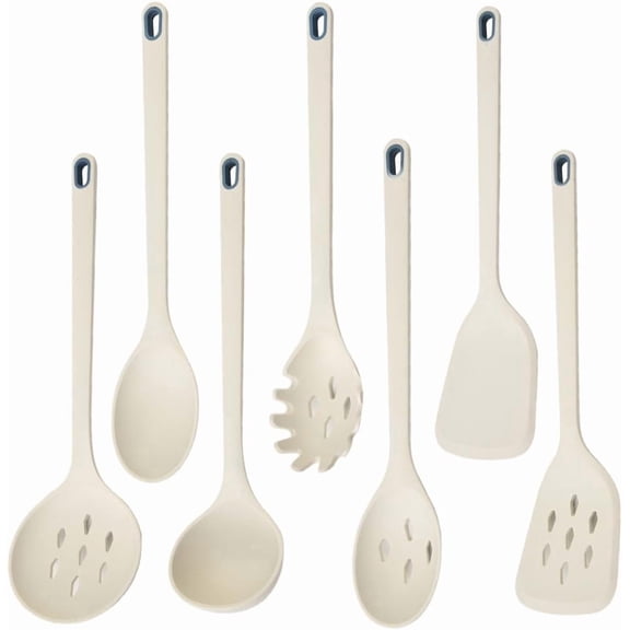 KSEDANLO 7" Long Silicone Cooking Utensils Set, One-Piece Style Nonstick Slotted Spoons, Spatulas, Ladle and Spoon Set, 446°F Heat Resistant Kitchen Utensils (White)