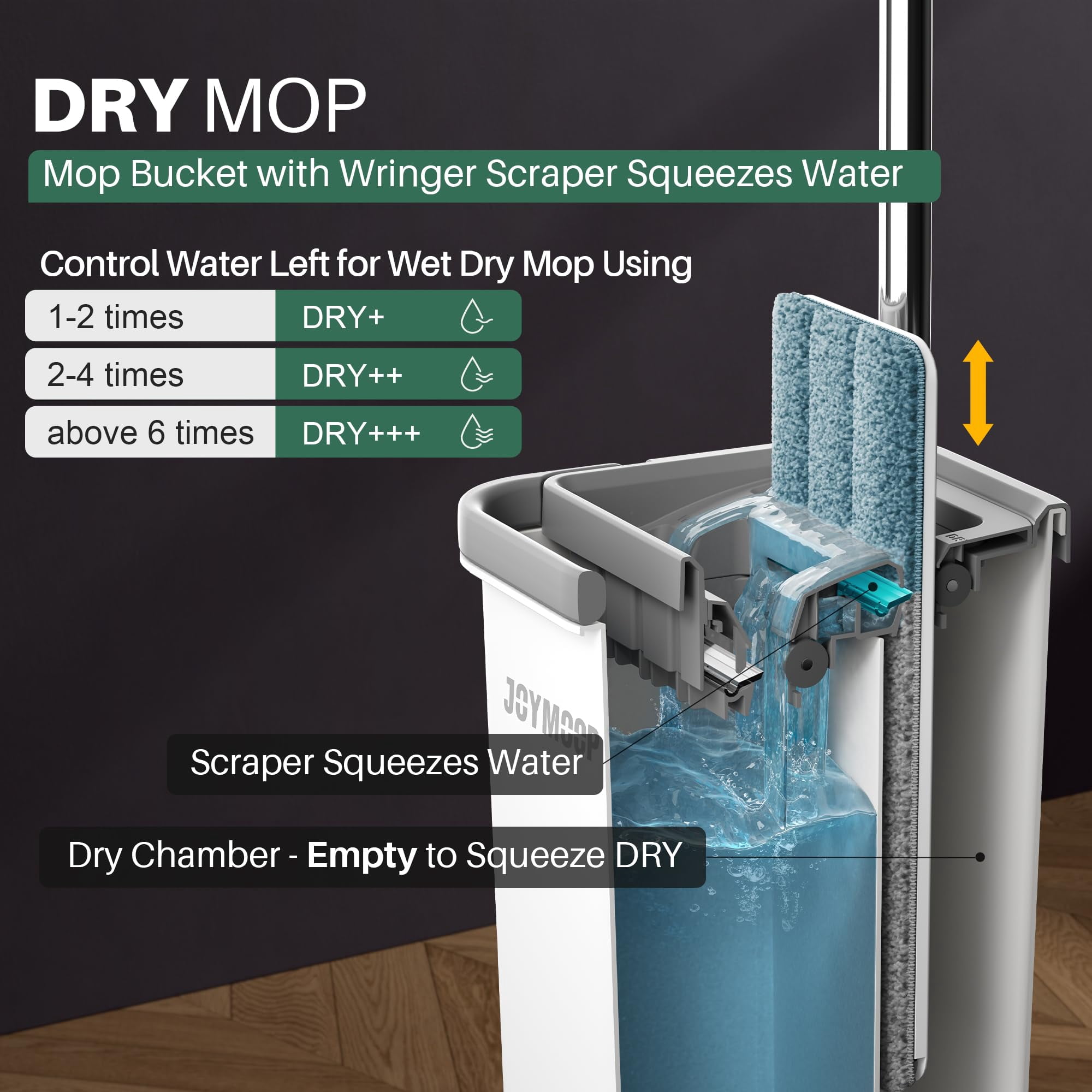 JOYMOOP Flat Mop and Bucket System, Microfiber Mop for Floor Cleaning, White, Suitable for Hardwood, Tile, Laminate and Vinyl Floors, 50" Mop with 1 Microfiber Pad