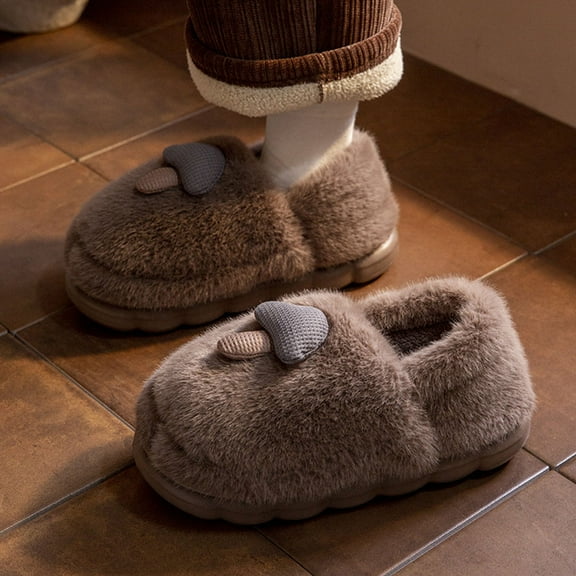 SUNVIT Womens Warm Pl-sh Furry Slippers - Coffee Color, Closed-Back Non-Slip Thick Cushioned Sole, Soft Nylon Spandex with Cute 3D De-or for Indoor Home & Semi-Outdoor,Size 44