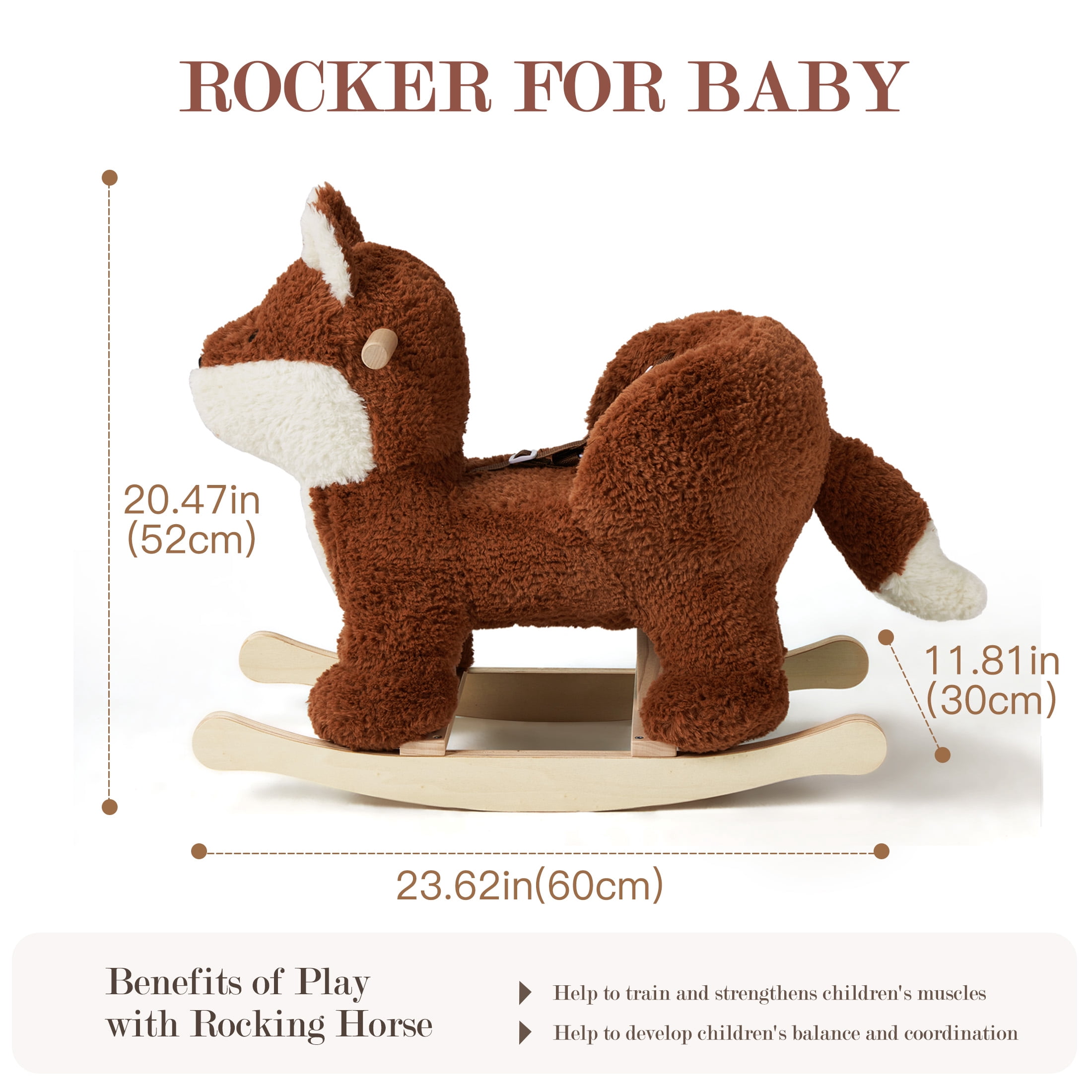 Jolie Vallee Baby Rocking Horse,Kids Ride on,Plush Animal Rocker,Wooden Base & Safety Belt for Ages 6+ Months,Fox,Brownish Red